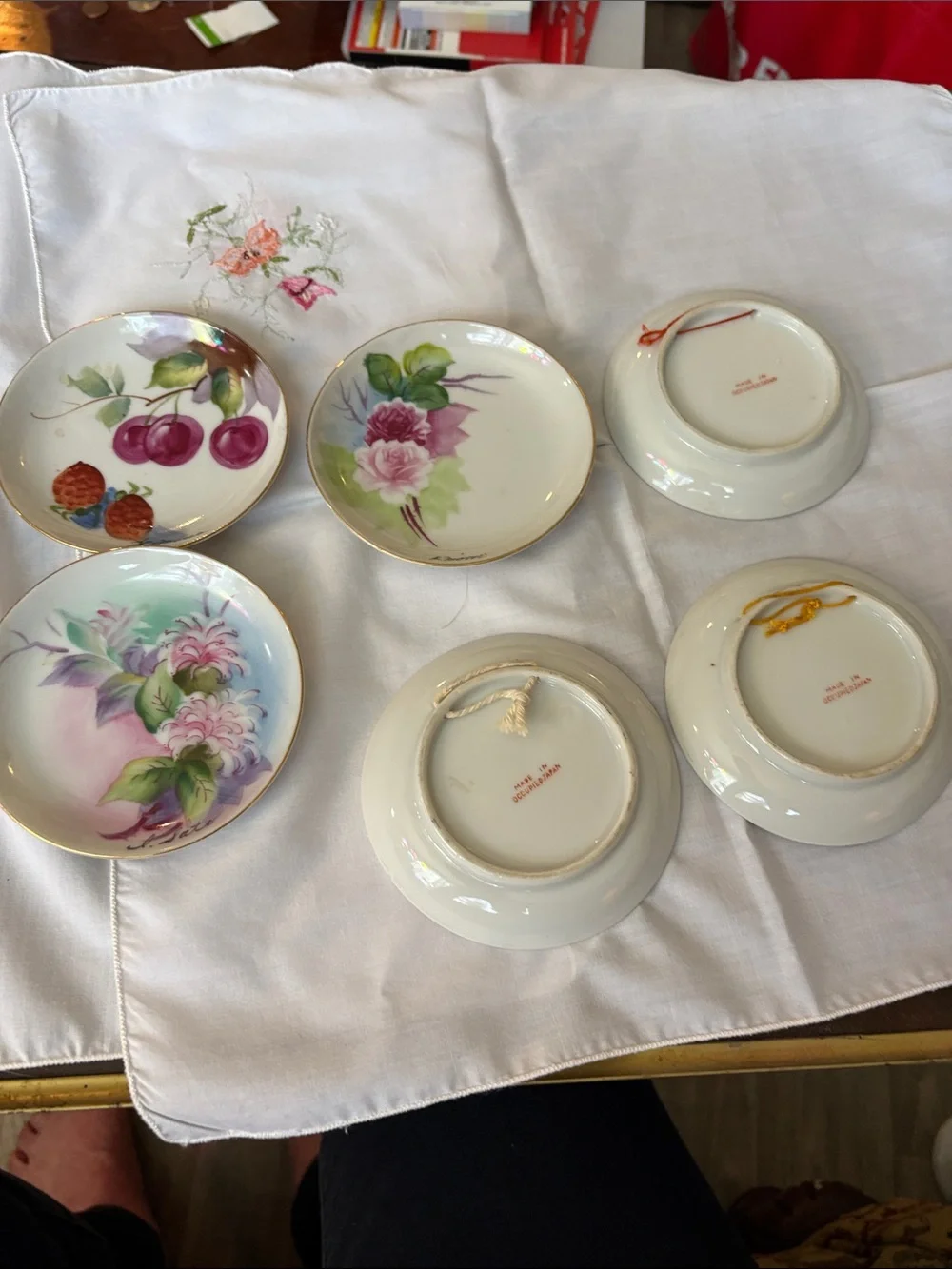 Hand-Painted Floral Porcelain Trinket Dishes - White with Pink & Green Motifs.